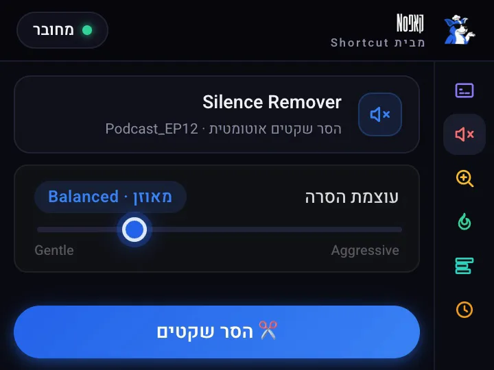 פאנל הסרת שתיקות מזהה וחותך שתיקות בטיימליין